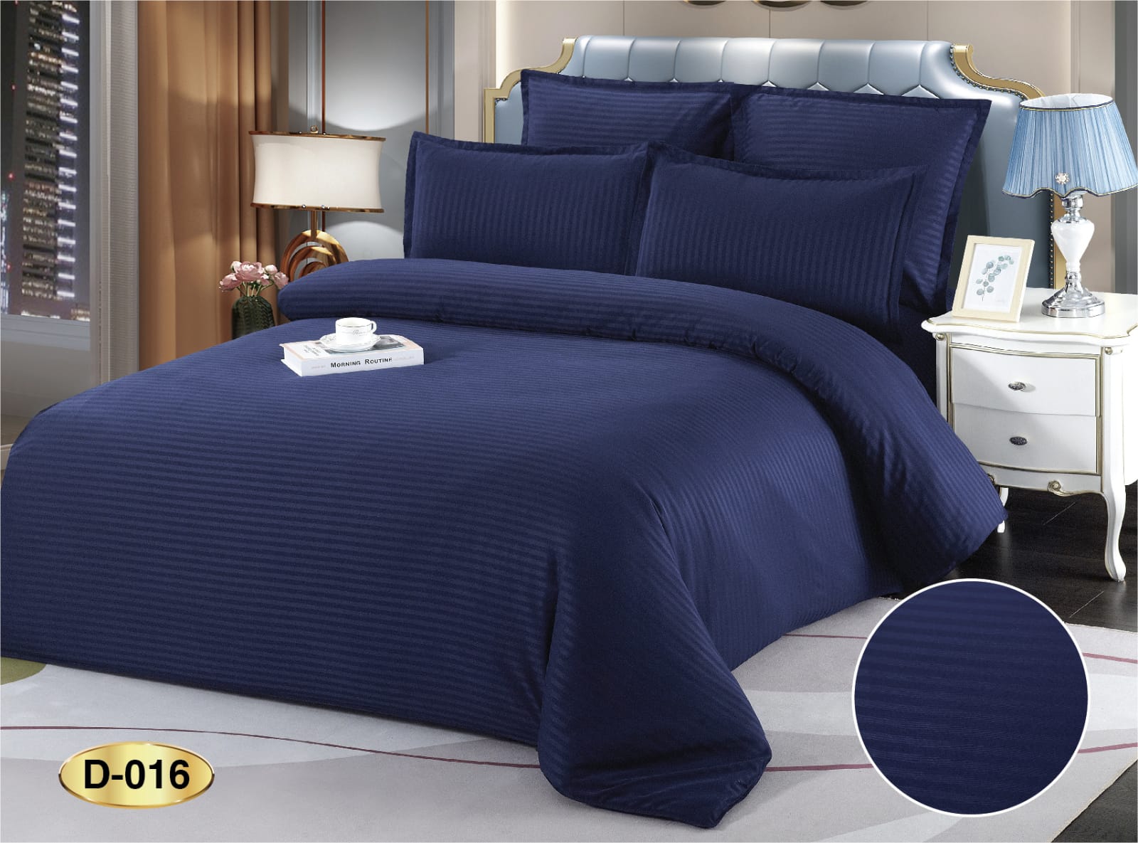 lenjerie-bumbac-damasc-6-piese-culoare-albastru Set Lenjerie de Pat Damasc, Bumbac 100%, 6 Piese, Cearceaf cu Elastic, Confort și Eleganță, Albastru - imagine 1