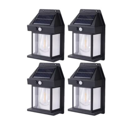 4x Lămpi Solare cu Bec, Senzor de Mișcare, 3 Moduri de Iluminare, Rezistente la Intemperii, Instalare Fără Cabluri
