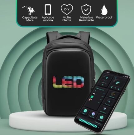 Rucsac Ghiozdan Smart cu Display LED, WiFi, impremeabil, Aplicatie Dedicata iOS/Android, Port USB Extern, Negru